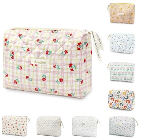 GLGHMH Cotton Floral Travel Makeup Bag, Portable Cosmetic Storage for Women Girls (Pink)