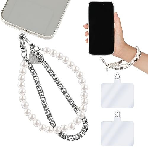 Amaxiu Pearl Beaded Phone Wrist Strap, Anti Lost Stainless Steel Phone Chain Lanyards Double Chains Hand Wrist Straps with 2pcs Tether Tabs for Women Men Mobile Phone Wallet Keychain Camera Earphone