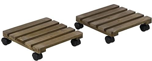 Outsunny Lot de 2 Supports pour Plantes carrés Porte Plante à roulettes Support pour Pot de Fleurs, pour intérieur et extérieur dim. 30L x 30l x 7H cm Marron