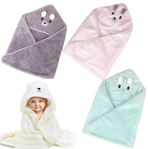 Mrracxy 3PCS Baby Kapuzenhandtuch, Baby Handtuch Kapuze, Baby Badetücher, 80 x 80 cm, Korallenvlies, Weiß/Grau/Grün
