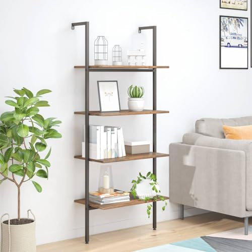 THOYTOUI Leiterregal, Lagerregal Raumteiler Bücherregale Würfelregal Geeignet für Werkstatt Badezimmer Abstellraum Arbeitszimmer mit 4 Böden Dunkelbraun und Schwarz 64x35x152.5 cm