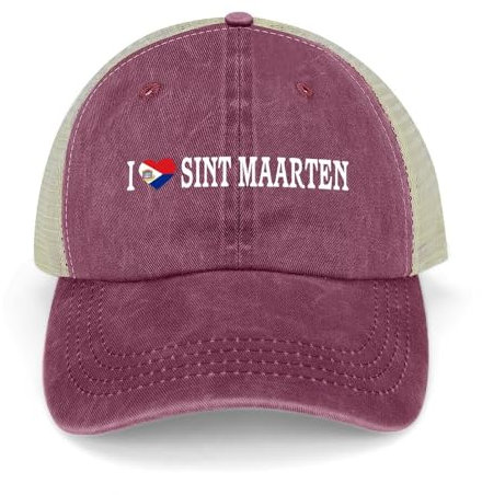 Yelolyio I Love Sint Maarten Verstellbare Mesh Back Cap Sint Maarten Flagge Baseball Caps Country Pride Mesh Baseball Cap Retro Washed Trucker Cap Atmungsaktiv Sonnenhut Weinrot, weinrot, 1-5