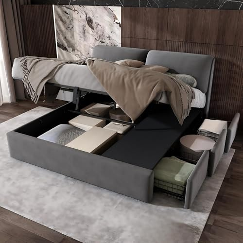 LATICO Polsterbett Doppelbett 140x200 mit 3 Schubladen & Unterbett Stauraum, Metall Bettgestell mit Holz Lattenrost, Hydraulisches Stauraumbett Rückenlehne Bett Jugendbett, Ohne Matratze, Samt Grau