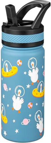Fanhaw 550 ml Kids Insulated Water Bottle with Straw - Stainless Steel Double Wall Vacuum Cup, Leakproof, BPA Free, Suitable for Boys and Girls(Cyan - Duck in Space)