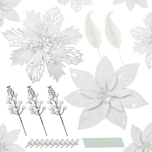 Yueshop 62 PCS Christmas Glitter Artificial Poinsettia Set, Christmas Tree Decoration Stems Clips, Glitter Artificial Flowers Leaves Berry Stems for Wedding Party Wreath Garland Decoration (White)