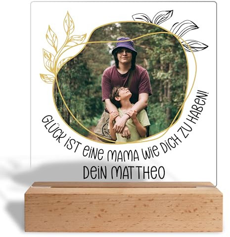 Personalisiertes Glasbild mit Foto und Namen „Glück ist ... wie dich zu haben!“ - Acrylglas inkl. Holzsockel - 15x18 cm - Foto-Geschenk zum Geburtstag, Weihnachten, als Dankeschön (Mama)