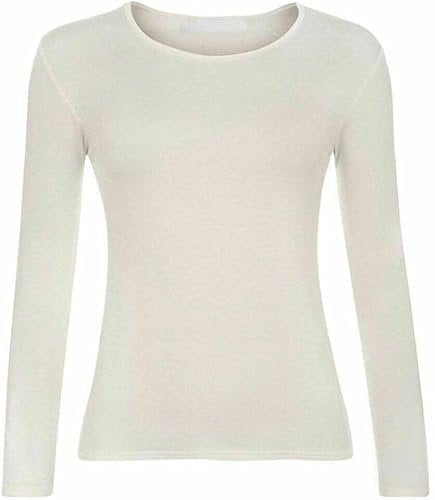 FASHION MY LOVE Women Ladies Long Sleeve Round Neck Plain Top Stretchy Casual Summer T-Shirts Basic Slim fit Tee Tops UK Plus Size 8-26 Cream