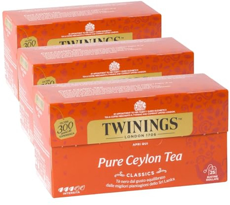 Twinings, Pure Ceylon Tea, Tè Nero Selezionato dal Sapore Intenso ed Equilibrato, con Caffeina, Infusi e Tisane, 1 Confezioni da 25 Filtri (Confezione da 3)