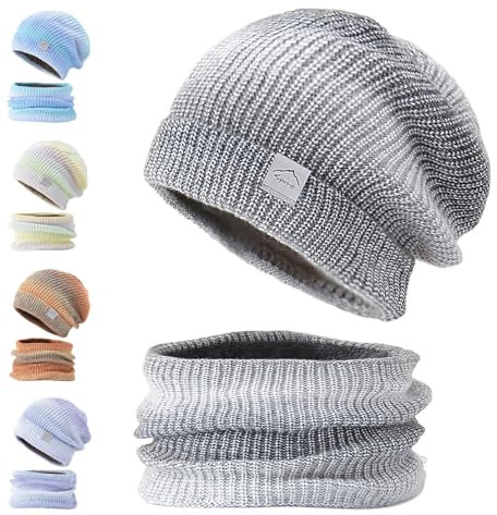 Eachans Winterstrickmütze, Wintermütze Strickmütze mit Loopschal Damen Warme Mütze Beanie Herbst Winter Schal und Mütze Set 56-60CM