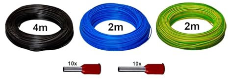 Generisch Verdrahtungsset H07V-K 10mm² Einzeladern flexible Aderleitung für Zählerschrank/Zählerplatz Verdrahtungsbrücken 4m Schwarz / 2m Hellblau / 2m Grüngelb + 20x Aderendhülsen 10mm² Rot