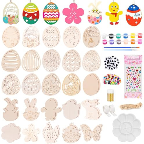 305PCS Holzanhänger Ostern Bemalen,Ostern Basteln Holz Kinder,DIY Anhänger Ostern,Bastelset Ostern Kinder,Ostereier Hasen Huhn Anhänger Set mit Aquarellstift,Schnur,Pinsel Pigmente Palette (Braun B)