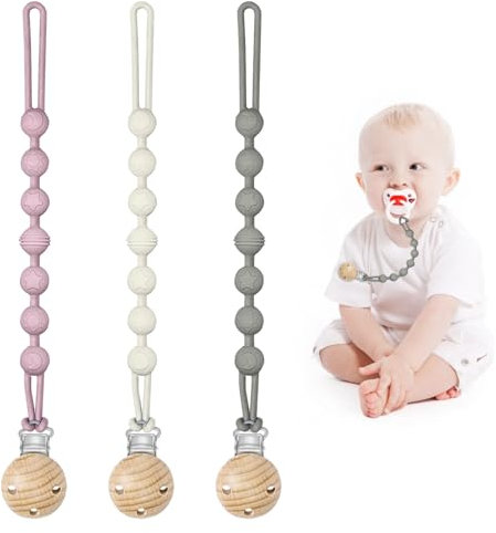 Silicone Dummy Clip,3 Pcs Bibs Dummy Clip,Pacifier Clips,Silicone Dummy Clips for Baby,Silicone Dummy Clip Suitable for Boys and Girls,Dummy Clip Boys and Girls,Mam Dummy Clip(Pink Gray Beige)