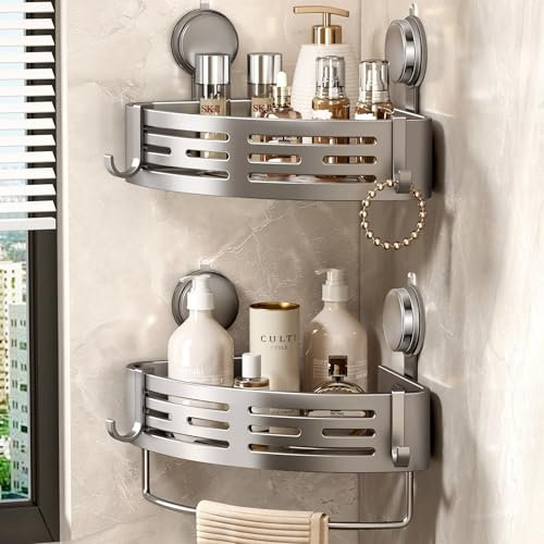 Voldra Corner Shower Caddy Suction Cup, Shower Shelf Coner No Drilling Bathroom Coner Shelves Suction Shower Organiser Rack Adhesive Corner Caddy with Towel Bar Wall Mounted(2-Pack, Gray)
