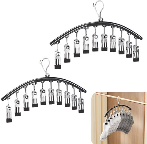 LoNinLoAn 2 Pack Hat Hangers for Closet, Cap Organizer Racks, Sock Hangers for Drying, Stainless Steel Laundry Drying Rack, Windproof Drying Rack with 10 Large Clips for Closet Storage (Black)