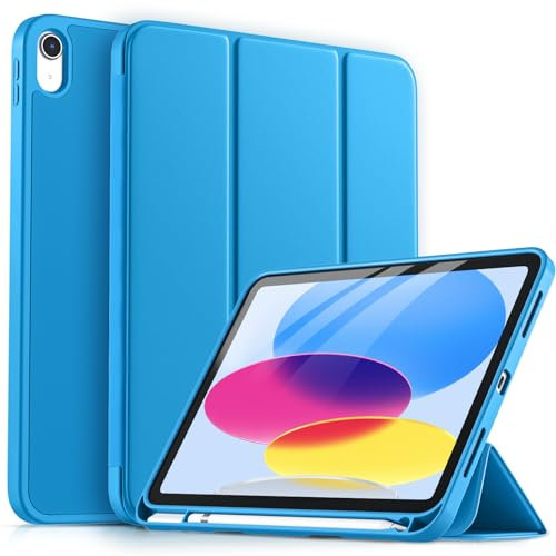 drivego Coque pour iPad 10ème Génération 2022 10,9 Pouces avec Porte-Stylet, à Trois Volets, Réveil/Sommeil Auto, Étui de Protecteur Housse Souple en TPU pour iPad 10 Coque 10,9 Pouces, Bleu Clair