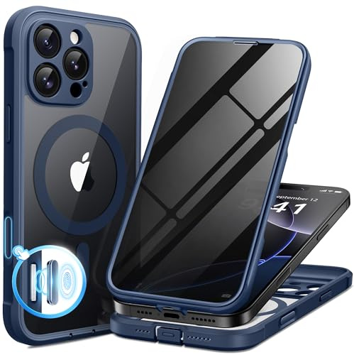 BERFY for iPhone 16 Pro Case, Compatible with MagSafe,Clear Blue | Built-in Privacy Screen Protector, Full Camera Protection, Shockproof Full Body Magnetic Clear Phone Case 6.3