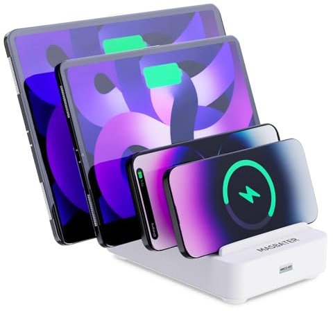 4-Port Charging Station for Multiple Devices, USB Charger Stations Multi-Device Organizer Charging Dock, Compatible with Cell Phones, iPads, Kindle Tablets, and Other Electronics (White)