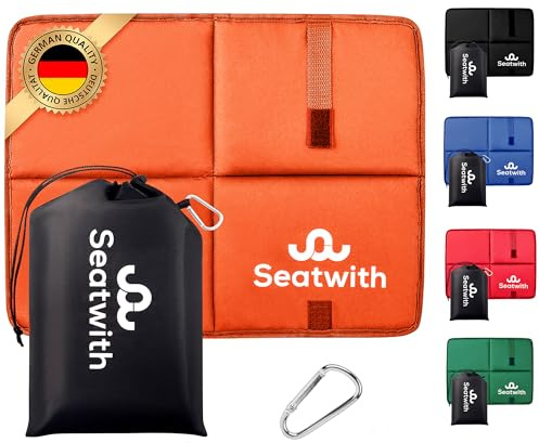 Seatwith® Gedächtnisschaum - Wärme und extremen Komfort mit Wetterfest (45x35cm) - Thermo Faltbar für Camping, Stadion und Wandern (Orange)