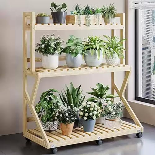 WPWSDWMX 3-stöckiger Pflanzenständer für den Innenbereich, Holzleiter mit Rollen, Lattenrost für Terrasse und Rasen(Yellow,70cm/27in)
