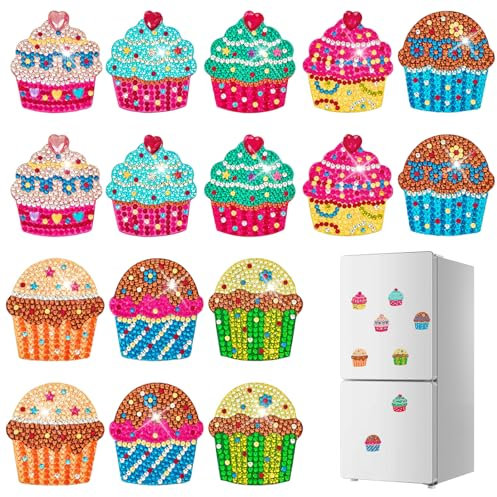 16 Pcs Refrigerator Rhinestones Painting Magnets, Cupcake Refrigerator Stickers, Gem Art Magnet Fridge Stickers, DIY Rhinestones Painting Kits for Adults DIY Home Decors
