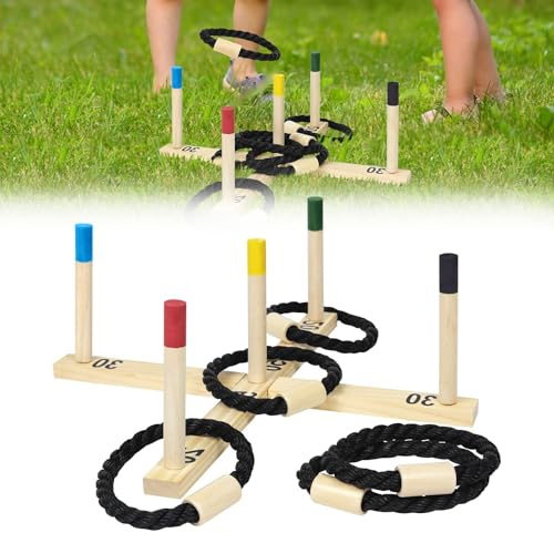 UISEBRT Ringwurfspiel Wurfspiel aus Holz Werfen Spiel 1 Wurfkreuz, 5 Wurfringe und 5 Spielstäben Ring Wurfspiel Gartenspiele Outdoor & Indoor für Kinder und Erwachsene