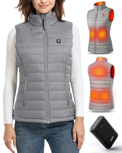 UNBON Veste Chauffante Femme, Gilet Chauffant Femme avec Batterie Incluse USB 10000mAh, Gilet Chauffant Électrique avec 3 Températures 6 Zones de Chauffage, Doudoune Chauffante sans Manche, Gris, XS