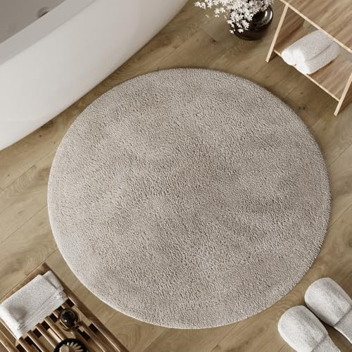 Wecon Home Badteppich Erik, 80 cm rund, Greige | weicher, getufteter Baumwollteppich, Rutschhemmend & waschbar mit weichem Flor und klarer Optik