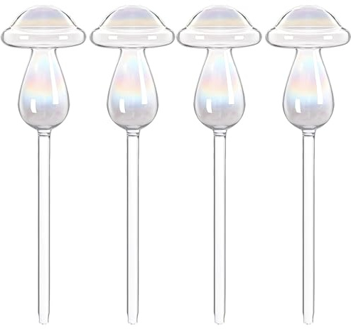 Packool 4 Pcs Mushroom Plant Watering Globes, Glass Self Watering Pots, Large Size with Iridescent Design, Automatic Planter Watering Globes for Indoor Plants, 2.7×9