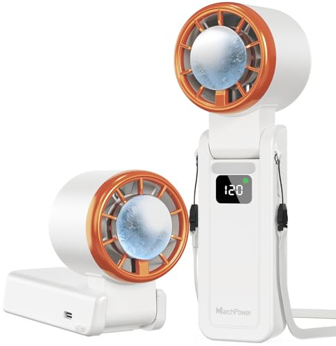 Marchpower Handheld Fan Mini 120 Speed Stepless Adjustable Powerful with Ice Cooling 3600mAh Rechargeable Battery Digital Display Foldable & Lanyard - White | Ice cooling effect, Foldable body, Powerful wind, Matched safety lanyard Digital Display