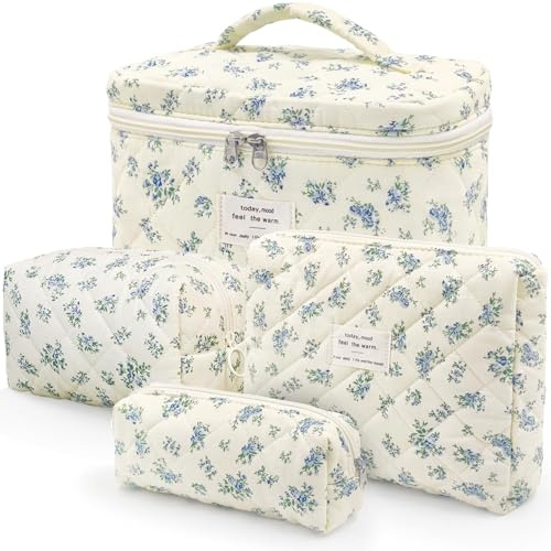 Xtrillogen 4er Set Kosmetiktasche,Kulturtasche Damen Kulturbeutel Make Up Tasche Schminktasche Mädchen,Tragbare Reise Makeup Bag für Frauen Reisetasche Waschtasche für Alltag Reisen (Blau Kürbisblüte)