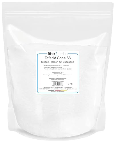 DistrEbution Tefacid Shea 68 Stearinwachs Flocken - 2kg Premium Stearin auf Sheabasis für Kerzenherstellung, Kerzengießen & Kerzenpressen