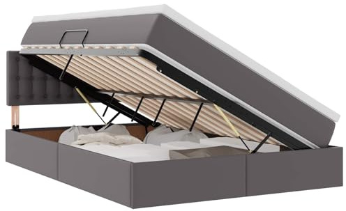 XHNIFBN Boxspringbett mit Bettkasten 140x190 cm Kunstleder Grau Hydraulik Lift Komplett Doppelbett Lattenrost Matratze Kopfteil Modernes Schlafsofa für Schlafzimmer Jugendzimmer