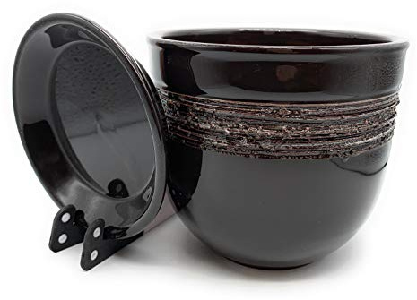 Sun Cakes Pot de Fleurs Rond en Terre Cuite émaillée avec Soucoupe et Plateau d'égouttement - Couleur Argile - 14 cm x 12 cm - Noir