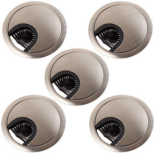 5X Brushed Nickel Desk Grommets (60mm) with Brush Computer Table Surface Cable Tidy Management
