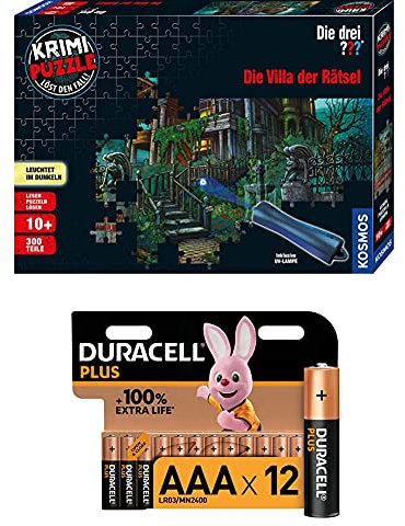 KOSMOS 697976 - Krimi Puzzle: Die drei ??? - Die Villa der Rätsel, Leuchtet im Dunkeln, 300 Teile mit UV-Lampe, Lesen - Puzzeln - Rätsel lösen + Duracell Plus AAA Alkaline-Batterien, 12er Pack