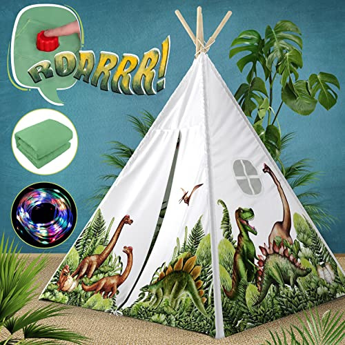 W&O Dinosaur Discovery Teepee with LED Lights, Roar Button & Plush Mat