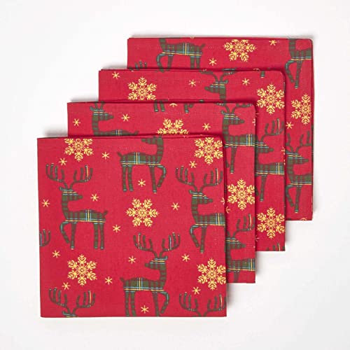 HOMESCAPES 4er-Set Weihnachtsservietten Rentier, rote Stoffservietten 45x45 cm mit Weihnachts-Motiv, waschbare Tischservietten aus 100% Baumwolle