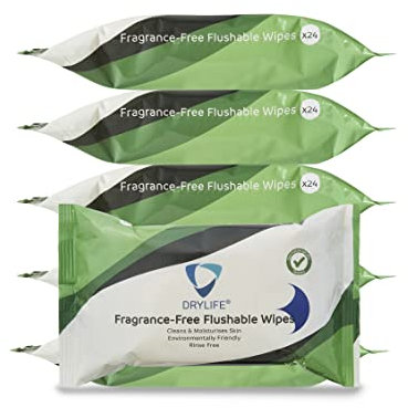 Drylife Flushable Fragrance-Free Wet Wipes | Large Disposable 100% Plant Based Biodegradable Moisturising Skin Cleansing Cloths with Aloe Vera (6 Packs of 24)