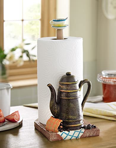 Teapot Design Kitchen Roll Holder – Freestanding Traditional Tea Coffee Cup & Saucer Paper Towel Dispenser – Fits any Standard Size Roll