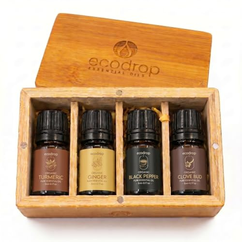 Ecodrop Organic Spice Essential Oil Set | 4x5ml, Aromatherapy Oils | 100% pure essential oils of ginger, clove bud, turmeric & black pepper in a wooden giftbox