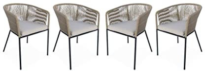 Alice's Garden - Lot de 4 fauteuils de Jardin en Corde Beige et Acier galvanisé. Coussin Beige