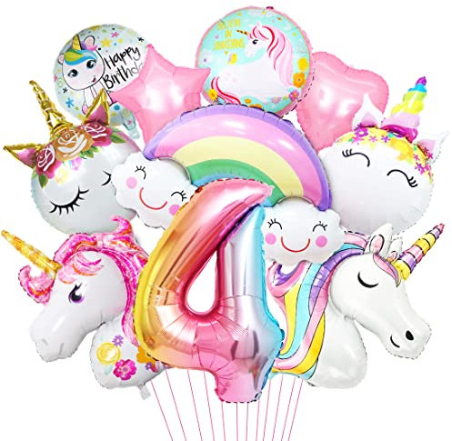 Luftballon Einhorn 4, 3D Folienballon Einhorn, Zahl 4 Folienballon, XXL Unicorn Ballon Set, Luftballon Regenbogen Stern Herz, für Mädchen Geburtstags Festival Party Dekoration