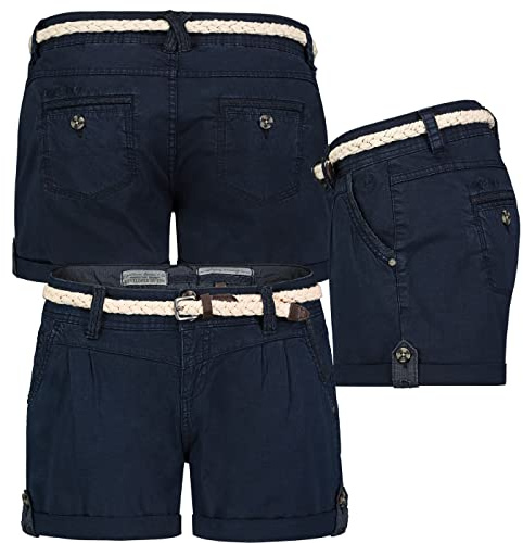 Eight 2 Nine Damen Short Bermuda Kurze Hose Sommer Chino Stoff Hotpants mit Gürtel, Hosengröße:XS / 34, Farbe:Navy