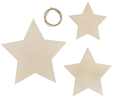 Rayher Holz-Sterne, FSC zertifiziert, natur, 3 Stück, 12 cm, 15 cm, 20 cm ø, Holzset + 60 cm Jutekordel, Weihnachtsdekoration, Dekohänger Weihnachten, 46707505