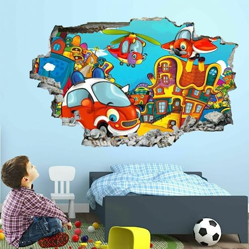 3D Wandtattoos Durchbruch Wandbild Cartoon-Auto Selbstklebend Kinderzimmer Aufkleber Wandaufkleber Wandsticker für Kinderzimmer Junge Mädchen Teenager Zimmer Wohnzimmer Schlafzimmer