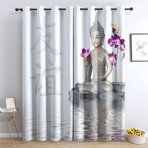 JHAHZJ Rideau Occultant Statue De Bouddha 3D, Rideaux Thermiques à Oeillets pour Salon Chambre Fenetre, Motif Enfants Adultes Rideaux Lot De 2 Moderne Décoration De Fenêtre, 140x200 cm (L x H)