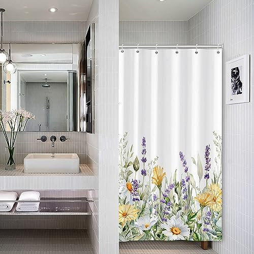 Bovlleetd Rideau de Douche Botanique Lavande - Floral Rustique de Printemps, Petit Décrochage, Violet, Tissu Polyester Imperméable pour Salle de Bain, 92x183cm