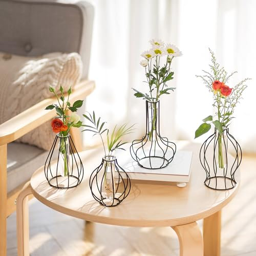 Sziqiqi Metal Geometrique Verre Vase - Noir Mini Terrarium Verre Set de 4 Minimalistes Cadre Tube A Essai Vase pour Hydroponie Plantes Moderne Decorative Vases pour Table Manger Salon Chambre