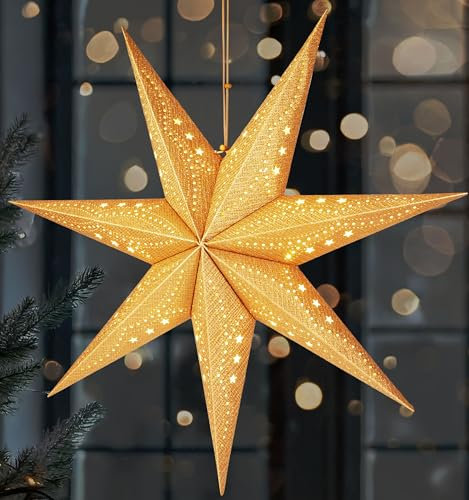 BRUBAKER 3D Weihnachtsstern zum Aufhängen - LED Papierstern mit Timer - 60 cm Adventsstern mit modernem Muster - Batteriebetrieben und Beleuchtet - Weihnachtsdeko Leuchtstern - Gold