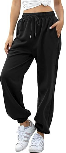 Missufe Jogginghose Freizeithose Hohe Taille Sporthose Damen Trainingshose Cinch Bottom Lang mit Taschen Sweatpants (schwarz, Mittel)